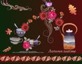 Autumn teatime. Beautiful vector card with kettle, teacups, bouquet of flowers and paisley.