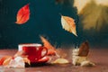 Autumn teatime blurred composition with colored leaves on glass with water dew drops. Red in white dotted cup of hot tea behind Royalty Free Stock Photo