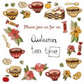 Autumn teatime. Cute invitation card for tea party with cups, cakes, sweets and flowers. Royalty Free Stock Photo