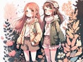 Autumn teen girls walking together outdoor, anime characters, nature background, printable art, watercolor painting Royalty Free Stock Photo