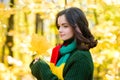 Autumn teen with red yellow leaves. Portrait of young teenage girl with autumn leafs in front of foliage. Royalty Free Stock Photo