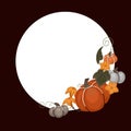 Autumn template with pumpkins, foliage, vine curled, flowers and copy space. Vector round border with flat hand drawn vegetables