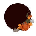 Autumn template with pumpkins, foliage, vine curled, flowers and copy space. Vector round border with flat hand drawn vegetables