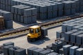 A yellow forklift rides through a warehouse past pyramid-packed packages of natural stone