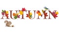 AUTUMN text decorated with leaves, blue bird and s