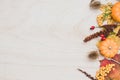 Autumn thanksgiving background. Leaves, pumpkins on wooden background.