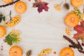 Autumn thanksgiving background. Leaves, pumpkins on wooden background.