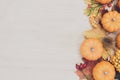 Autumn thanksgiving background. Leaves, pumpkins on wooden background.