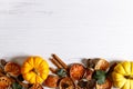 Autumn thanksgiving background with fancy pumpkins and dried fruits Royalty Free Stock Photo