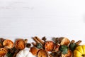 Autumn thanksgiving background with fancy pumpkins and dried fruits Royalty Free Stock Photo