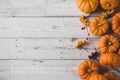 Autumn thanksgiving background. Leaves, pumpkins on wooden background.