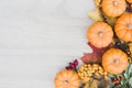 Autumn thanksgiving background. Leaves, pumpkins on wooden background.