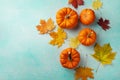 Autumn Thanksgiving background. Pumpkins and maple leaves on turquoise table top view Royalty Free Stock Photo