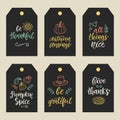 Autumn and Thanksgiving Day gift tags with hand written ink lettering and doodles