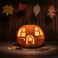 Autumn thanksgiving and halloween background with pumpkin lantern and fallen leaves on wooden table in dark Royalty Free Stock Photo