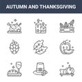 9 autumn and thanksgiving icons pack. trendy autumn and thanksgiving icons on white background. thin outline line icons such as