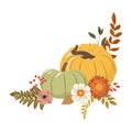 Autumn Thanksgiving pumpkins corner frame arrangement, flowers and forest leaves arrangement