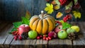 Autumn Thanksgiving pumpkins, fruits and falling leaves on rustic wooden table