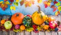 Autumn Thanksgiving pumpkins, fruits and falling leaves on rustic wooden table