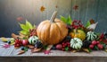 Autumn Thanksgiving pumpkins, fruits and falling leaves on rustic wooden table