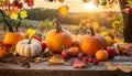 Autumn Thanksgiving pumpkins, fruits and falling leaves on rustic wooden table