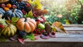 Autumn Thanksgiving pumpkins, fruits and falling leaves on rustic wooden table