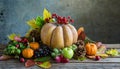 Autumn Thanksgiving pumpkins, fruits and falling leaves on rustic wooden table