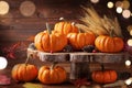 Autumn Thanksgiving still life. Pumpkins and leaves on wooden background Royalty Free Stock Photo