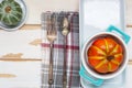 Autumn Thanksgiving table setting for dinner with plate, knife, fork decorated pumpkins. Top view Royalty Free Stock Photo