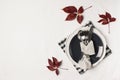 Autumn thansgiving and halloween tableware flat lay with plate and leaves on white background