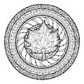 Autumn theme. Circle tribal doodle ornament. Hand drawn maple leaf art mandala. Royalty Free Stock Photo