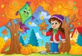 Autumn theme with girl and kite Royalty Free Stock Photo