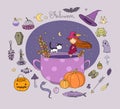 Autumn theme. Halloween. Little cute girl and a cartoon cat sitting on the cup. The moon, stars and melon. Vector