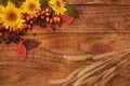 Autumn theme. Wooden background with sunflower flowers, berries spikelets and leaves. Place for text