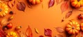 Autumn-themed background with pumpkins and colorful leaves. Fall decoration arrangement. Concept of seasonal decor Royalty Free Stock Photo