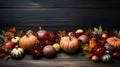 An autumn-themed background with pumpkins, leaves and space for text for expressing gratitude on Thanksgiving