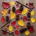 Autumn-themed composition features a variety of elements arranged Royalty Free Stock Photo