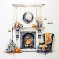 Autumn Themed Fireplace With Pumpkins - Interior Design Sketch Royalty Free Stock Photo