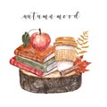 Autumn-themed illustration with watercolor books, coffee cup, tree leaves. Fall arrangement