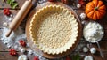 Autumn-themed pie preparation with decorative crust and pumpkin decor Royalty Free Stock Photo
