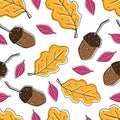 Autumn themed seamless vector pattern with cute color cartoon acorns and leaves.