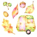 Ready to use set of watercolor clip art including festive cartoon style tall green and yellow polka dot caravan, autumn leaves, se