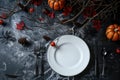 Autumn-Themed Table Setting with Pumpkins and Fall Leaves Royalty Free Stock Photo