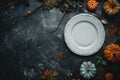 Autumn-Themed Table Setting with Pumpkins and Fall Leaves Royalty Free Stock Photo