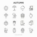 Autumn thin line icons set: maple, mushrooms, oak leaves, apple, pumpkin, umbrella, rain, candles, acorn, rubber boots, raincoat,