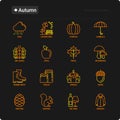 Autumn thin line icons set: maple, mushrooms, oak leaves, apple, pumpkin, umbrella, rain, candles, acorn, rubber boots, raincoat,