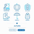 Autumn thin line icons set: oak leaves, pumpkin, umbrella, rubber boots, raincoat. Vector illustration