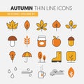 Autumn Thin Line Icons with Umbrella Rainy Weather and Nature Gifts