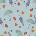 Autumn things - umbrella, leafs and rain drops seamless pattern Royalty Free Stock Photo