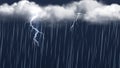 Autumn thunderstorm. Rain clouds and lightning. Realistic rainy, season bad weather vector banner